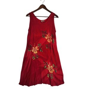 Tropical Batik Red Floral Hibiscus Sleeveless Shift Dress OS Made Indonesia